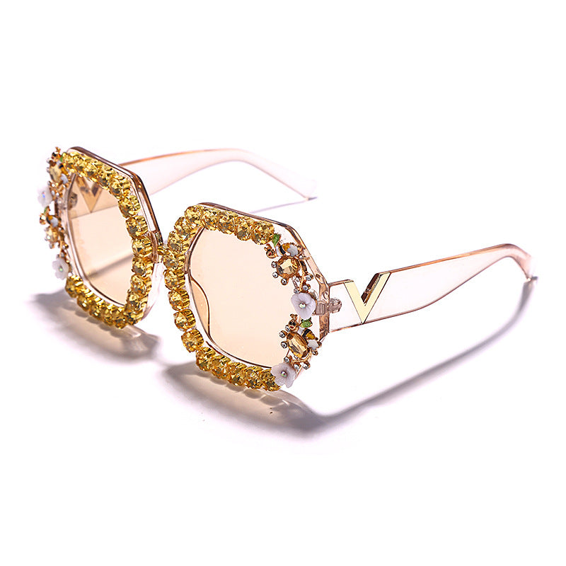 Hexagon Fashion Trend Personality Diamond Sunglasses Men Driving Big Face Round Face Cool Sunglasses Cross Border Sunglasses