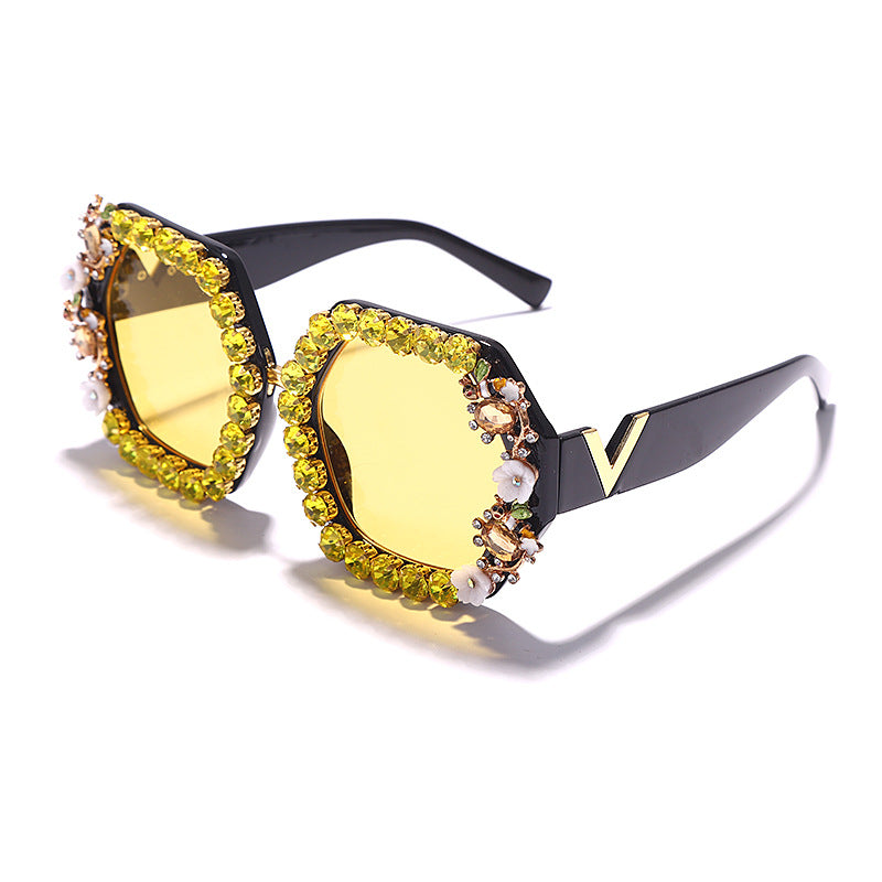 Hexagon Fashion Trend Personality Diamond Sunglasses Men Driving Big Face Round Face Cool Sunglasses Cross Border Sunglasses